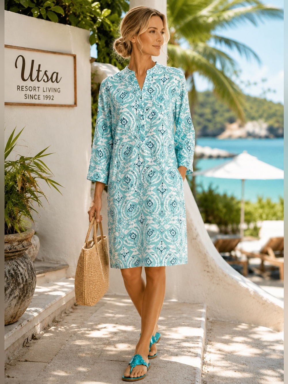 Utsa,Ikat Cotton Tunic/Dress,Resort Beach Cover-Up,Lightweight Vacation,Size M